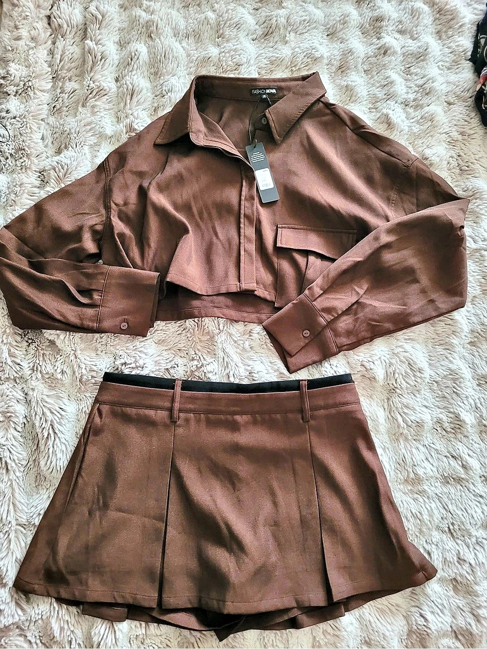 FashionNova Matching Cropped Jacket Skirt Set Brown Size Small NWT